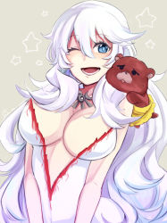 Rule 34 | 1girl, artemis (fate), bare shoulders, bear, blue eyes, blush, breasts, cleavage, dress, fate/grand order, fate (series), highres, large breasts, long hair, looking at viewer, one eye closed, open mouth, orion (bear) (fate), smile, solo, star (symbol), very long hair, white hair, wink