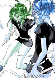 Rule 34 | 2others, androgynous, ass, back, belt, blue eyes, blue hair, collared shirt, colored skin, euclase (houseki no kuni), gem uniform (houseki no kuni), green eyes, green hair, hair rings, high collar, highres, holding, holding weapon, houseki no kuni, jade (houseki no kuni), looking to the side, multicolored hair, multiple others, nail polish, necktie, o lo3253, other focus, puffy short sleeves, puffy sleeves, serious, shirt, short hair, short hair with long locks, short shorts, short sleeves, shorts, sidelocks, sword, thick thighs, thighs, weapon, white belt, white hair, white skin, wide hips