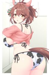 1girl ahoge alternate_costume animal_ears animal_print ass bikini breasts brown_eyes brown_hair cow_print cow_print_bikini dantsu_flame_(umamusume) gurukorian hair_between_eyes hair_ornament hairband highres horse_ears horse_girl horse_tail large_breasts looking_at_viewer medium_hair print_bikini solo swimsuit tail umamusume undressing