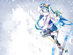 Rule 34 | 1girl, aqua hair, blue hair, blue skirt, boots, coat, gloves, goggles, goggles on head, hand on own head, hatsune miku, highres, ice, long hair, mamenomoto, multicolored hair, open mouth, pantyhose, scarf, simple background, skiing, skirt, smile, snowflake print, solo, twintails, very long hair, vocaloid, white footwear, white gloves, winter clothes, winter coat, yuki miku, yukine (vocaloid), zipper