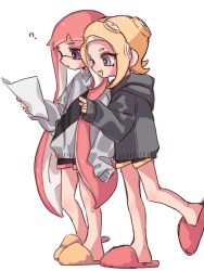 Rule 34 | 2girls, ?, black shorts, black sweater, blonde hair, blue eyes, blunt bangs, colored tongue, commentary, dolphin shorts, fangs, grey eyes, grey sweater, gym shorts, heel up, holding, holding paper, hood, hood down, hoodie, inkling, inkling girl, inkling player character, long hair, maco spl, makeup, mascara, mask, medium hair, multiple girls, nintendo, octoling, octoling girl, octoling player character, open mouth, paper, pointy ears, sandals, short shorts, shorts, simple background, sleeves past fingers, sleeves past wrists, slippers, smile, splatoon (series), standing, standing on one leg, suction cups, sweater, tentacle hair, white background, yellow tongue