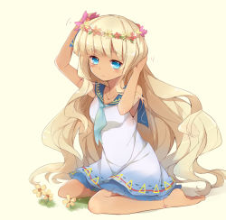 Rule 34 | 1girl, aged down, arms up, bare arms, bare legs, barefoot, blonde hair, blue eyes, blue ribbon, blush, breasts, closed mouth, collarbone, commentary request, dark-skinned female, dark skin, dress, eyebrows, flower, full body, grass, hair flower, hair ornament, hair ribbon, hand on own head, head wreath, highres, long hair, looking at viewer, neckerchief, ribbon, sailor collar, sitting, sleeveless, solo, south dakota (warship girls r), touming renjian, very long hair, wariza, warship girls r, wavy hair, white dress