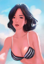 Rule 34 | 1girl, backlighting, bikini, black hair, blue sky, breasts, brown eyes, chaosringen, cleavage, cloud, collarbone, day, gradient background, lips, looking at viewer, medium breasts, original, outdoors, parted lips, photorealistic, realistic, signature, sky, solo, striped bikini, striped clothes, swimsuit, upper body