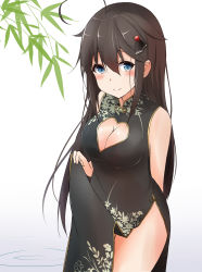 Rule 34 | 10s, 1girl, ahoge, alternate hairstyle, black hair, blue eyes, breasts, china dress, chinese clothes, cleavage, cleavage cutout, clothes lift, clothing cutout, dress, dress lift, hair down, hair ornament, heart cutout, highres, kantai collection, long hair, looking at viewer, saku (kudrove), shigure (kancolle), smile, solo