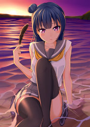 Rule 34 | 10s, 1girl, arm support, beach, black feathers, black thighhighs, blue hair, collarbone, eyebrows, feathers, grey skirt, highres, holding, long hair, looking at viewer, love live!, love live! school idol project, love live! sunshine!!, outdoors, pleated skirt, prbili, purple eyes, red eyes, school uniform, serafuku, shirt, sitting, skirt, solo, thighhighs, tsushima yoshiko, water, white shirt, zettai ryouiki