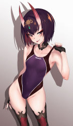 Rule 34 | 1girl, black gloves, black one-piece swimsuit, black thighhighs, blush, bob cut, breasts, collarbone, commentary request, competition swimsuit, covered navel, detached collar, eyeliner, fang, fate/grand order, fate (series), fingerless gloves, gloves, gradient background, headpiece, highleg, highleg swimsuit, highres, hip focus, horns, looking at viewer, makeup, nail polish, one-piece swimsuit, open mouth, pink nails, purple eyes, purple hair, purple one-piece swimsuit, shadow, short eyebrows, short hair, shuten douji (fate), skin-covered horns, small breasts, smile, solo, strap pull, swimsuit, thighhighs, thighs, tongue, tongue out, two-tone swimsuit, ulrich (tagaragakuin)