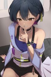Rule 34 | 1girl, absurdres, alternate costume, black choker, black hair, black nails, black shorts, blue shirt, braid, breasts, brown eyes, choker, collarbone, colored inner hair, commentary request, finger to mouth, highres, index finger raised, indoors, jacket, jewelry, kaekae kaeru, long sleeves, looking at viewer, multicolored hair, necklace, nijisanji, off shoulder, purple hair, shirt, short hair, shorts, shushing, single bare shoulder, sitting, small breasts, smile, solo, virtual youtuber, white jacket, yamagami karuta