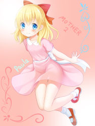 Rule 34 | 1girl, blonde hair, blue eyes, blush, bow, character name, copyright name, dress, highres, jumping, legs, long dress, mary janes, mother (game), mother 2, paula (mother 2), pink dress, ribbon, setona (daice), shoes, short hair, smile, socks, solo, wind, wind lift