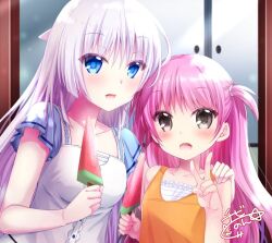 Rule 34 | 2girls, :d, blue eyes, blunt ends, blush, chibinon, collarbone, commentary, dress, eyes visible through hair, fang, food, grey eyes, hair between eyes, hand up, happy, holding, holding food, holding ice cream, ice cream, katou umi, long hair, looking at viewer, multiple girls, naruse shiroha, open mouth, orange shirt, popsicle, purple hair, shirt, short sleeves, side-by-side, sidelighting, sidelocks, signature, sleeveless, sleeveless shirt, smile, summer pockets, two side up, upper body, v, very long hair, watermelon bar, white dress, white hair