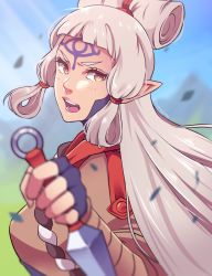 Rule 34 | 1girl, aged down, blunt bangs, breasts, commentary, day, facial mark, facial tattoo, fighting stance, forehead mark, furrowed brow, hair bun, hair rings, highres, hyrule warriors: age of calamity, impa, kunai, large breasts, lips, long hair, mingway, nintendo, nose, open mouth, orange eyes, petals, pointy ears, reverse grip, rope, sheikah, shimenawa, silver hair, single hair bun, solo, tattoo, the legend of zelda, the legend of zelda: breath of the wild, upper body, weapon