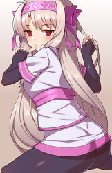Rule 34 | 1girl, ainu clothes, ass, blush, bow, breasts, fate/grand order, fate (series), fingerless gloves, gloves, hair between eyes, hair bow, hairband, illyasviel von einzbern, index finger raised, long hair, looking at viewer, nt00, pantyhose, red eyes, sash, shirt, sitonai (fate), small breasts, smile, solo, white hair, white shirt