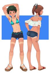 Rule 34 | 2girls, alternate costume, armpits, ass, bikini, bikini under clothes, black hair, black shorts, blue bikini, blue shorts, brown eyes, brown hair, casual, commentary request, crop top, cutoffs, denim, denim shorts, full body, green eyes, highres, i-401 (kancolle), kantai collection, looking at viewer, mogami (kancolle), multiple girls, off-shoulder shirt, off shoulder, sandals, shirt, short hair, short shorts, shorts, side-tie bikini bottom, standing, stretching, swimsuit, swimsuit under clothes, tan, tanline, tooku nomura (artist), white shirt