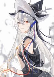 Rule 34 | 1girl, absurdres, arknights, bare shoulders, black dress, black hat, blue nails, breasts, ckiiokko, closed mouth, detached sleeves, dress, from side, grey hair, hat, highres, jewelry, light smile, long hair, long sleeves, looking at viewer, looking to the side, nail polish, necklace, red eyes, small breasts, solo, specter (arknights), specter the unchained (arknights), upper body, very long hair, white background