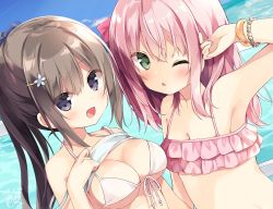 Rule 34 | 2girls, :d, ;o, arm up, armpits, bangle, bare arms, bare shoulders, bikini, blue sky, blush, bow, bracelet, breasts, brown eyes, brown hair, cleavage, cloud, commentary request, dated, day, dutch angle, fingernails, front-tie top, green eyes, hair between eyes, hair bow, high ponytail, hoshi (snacherubi), jewelry, long hair, medium breasts, multiple girls, ocean, one eye closed, open mouth, original, outdoors, parted lips, pink bikini, pink hair, red bow, signature, sky, small breasts, smile, swimsuit, upper body, water, white bikini