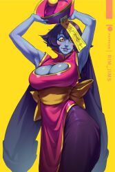 Rule 34 | 1girl, blue skin, breasts, china dress, chinese clothes, cleavage, colored skin, dress, highres, jiangshi, large breasts, lei lei, ofuda on hat, purple hair, rim jims, short hair, vampire (game)