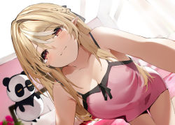 Rule 34 | 1girl, all fours, alternate costume, black ribbon, blonde hair, blurry, blurry background, blush, braid, breasts, camisole, cleavage, closed mouth, collarbone, commentary request, cowboy shot, dark-skinned female, dark skin, dutch angle, eyelashes, eyes visible through hair, floating, french braid, hair between eyes, hair ribbon, highres, hololive, kintsuba (shiranui flare), long hair, looking at viewer, medium breasts, multicolored hair, niii (memstapak), pink camisole, pointy ears, red eyes, ribbon, shiranui flare, sleeveless, smile, solo, streaked hair, sunlight, two-tone hair, virtual youtuber, white hair, window