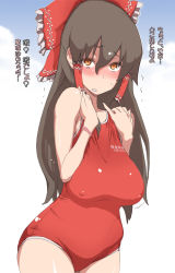 Rule 34 | 1girl, black hair, blush, bracelet, breasts, brown hair, cloud, embarrassed, covered erect nipples, female focus, hair ribbon, hakurei reimu, jewelry, large breasts, long hair, ogata mamimi, one-piece swimsuit, orange eyes, outdoors, plump, red one-piece swimsuit, ribbon, sagging breasts, sky, solo, sweat, swimsuit, touhou, translated, trembling
