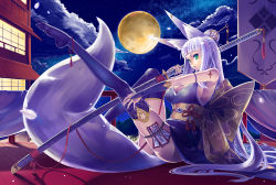 Rule 34 | 1girl, animal ears, arm strap, blue eyes, breasts, bridal gauntlets, cleavage, fox ears, full moon, highres, japanese clothes, kazuki seihou, large breasts, leg up, long hair, md5 mismatch, moon, night, night sky, original, resolution mismatch, silver hair, sky, solo, source smaller, sword, thigh strap, thighhighs, weapon