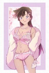 1girl black_hair bra breasts character_name cleavage closed_mouth cowboy_shot earrings gloves hair_ornament highres jewelry long_hair looking_at_viewer meitantei_conan mouri_ran navel necklace panties pink_bra pink_panties sayaendou0426 smile solo standing underwear white_fur white_gloves