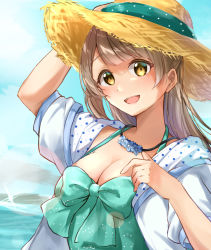 Rule 34 | 1girl, :d, absurdres, adjusting clothes, adjusting headwear, arm up, blunt bangs, bow, breasts, brown hair, cleavage, floral print, flower, green bow, green one-piece swimsuit, halterneck, hat, highres, jewelry, long hair, looking at viewer, love live!, love live! school idol festival, love live! school idol project, medium breasts, minami kotori, necklace, one-piece swimsuit, open mouth, shirt, sidelocks, smile, solo, sun hat, swimsuit, teeth, tongue, upper body, upper teeth only, white shirt, yellow eyes, yoshinon (yoshinon kotori)