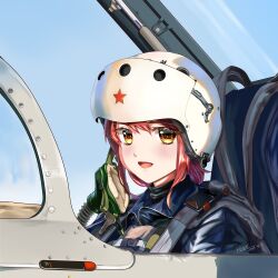 Rule 34 | 1girl, absurdres, aircraft, airplane, close-up, fighter jet, helmet, highres, hunk03, j-7, jet, looking at viewer, mask, military vehicle, open cockpit, oxygen mask, people&#039;s liberation army, people&#039;s liberation army air force, pilot, pilot helmet, pilot suit, red hair, red star, sidelocks, solo, star (symbol), unworn mask, upper body, war thunder, yellow eyes