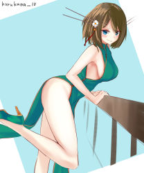 Rule 34 | &gt;:), 10s, 1girl, absurdres, adapted costume, alternate costume, artist name, bad id, bad pixiv id, bare arms, bare shoulders, blue eyes, breasts, brown hair, china dress, chinese clothes, dress, from side, green dress, hair ornament, harukana (harukana 10), headgear, high heels, highres, kantai collection, large breasts, leaning forward, looking at viewer, looking to the side, maya (kancolle), maya kai ni (kancolle), railing, short hair, sideboob, smile, solo, v-shaped eyebrows, x hair ornament