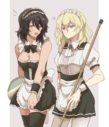 Rule 34 | 10s, 2girls, alpachiiino, alternate costume, andou (girls und panzer), apron, ascot, black dress, black hair, black hairband, black legwear, black neckwear, black skirt, blonde hair, blue eyes, blush, bow, bowtie, breasts, brooch, broom, brown eyes, cleavage, closed mouth, commentary, dark-skinned female, dark skin, detached collar, dress, embarrassed, enmaided, female focus, frilled apron, frilled dress, frills, fume, girls und panzer, hairband, holding, jewelry, light frown, lolita hairband, looking at viewer, maid, maid headdress, medium breasts, messy hair, miniskirt, multiple girls, oshida (girls und panzer), pantyhose, pillarboxed, pleated skirt, puffy short sleeves, puffy sleeves, revealing clothes, shirt, short dress, short hair, short sleeves, single horizontal stripe, skirt, skirt tug, sparkle, standing, strapless, strapless dress, sweatdrop, thighhighs, tray, waist apron, white apron, white legwear, white neckwear, white shirt