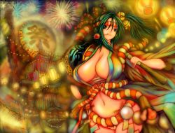 Rule 34 | bell, belt, breasts, center opening, cleavage, dancing, festival, green hair, highres, hip focus, huge breasts, japanese clothes, kimono, mouth hold, navel, no bra, open clothes, original, panties, pantyshot, red eyes, short hair, side ponytail, standing, thong, tsukasawa takamatsu, underwear, wide hips