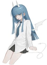 Rule 34 | 1girl, :o, black skirt, blue hair, blue necktie, collared shirt, cropped legs, demon tail, demon wings, from side, frost fog, grey eyes, highres, horns, invisible chair, legs apart, long hair, long sleeves, looking at viewer, mini wings, miniskirt, necktie, open mouth, original, pleated skirt, ringed eyes, school uniform, shirt, simple background, sitting, skirt, slit pupils, solo, straight hair, tail, white background, white shirt, wings