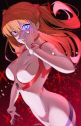 Rule 34 | 1girl, artist request, blue eyes, bodysuit, breasts, cleavage, evangelion: 3.0+1.0 thrice upon a time, floating hair, glowing, glowing eye, highres, interface headset, long hair, looking at viewer, medium breasts, neon genesis evangelion, neon lights, open mouth, plugsuit, rebuild of evangelion, solo, souryuu asuka langley, white bodysuit, wide hips