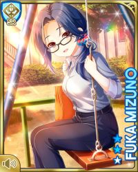 Rule 34 | 1girl, alternate costume, blue hair, blue shirt, card (medium), cookie, day, denim, food, from side, girlfriend (kari), glasses, holding, jeans, looking at viewer, mizuno fuka, official art, open mouth, outdoors, pants, playground, handbag, qp:flapper, red eyes, scrunchie, shirt, sitting, smile, sunset, swingset, tagme, tree
