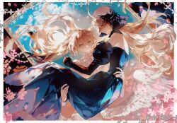 Rule 34 | 2girls, bare shoulders, bead necklace, beads, black dress, black hat, blonde hair, blue sky, border, carrying, chinese commentary, cloud, commentary request, detached sleeves, dress, dungeon meshi, falin touden, falin touden (chimera), feathered wings, feathers, floating hair, flower, fur-trimmed sleeves, fur trim, hat, head scarf, highres, jewelry, juliet sleeves, liujiang2020, long hair, long sleeves, looking at another, marcille donato, marcille donato (lord), multiple girls, necklace, outside border, picture frame, princess carry, puffy sleeves, short hair, sky, sleeves past wrists, smile, strapless, strapless dress, taur, unworn jewelry, unworn necklace, white border, white flower, wings, yellow eyes, yuri