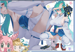 3girls artist_name blonde_hair blush breasts cellphone detached_sleeves green_eyes green_hair grid_background gtunver hair_ribbon hanabishi_haruka highres holding holding_phone japanese_clothes large_breasts loincloth long_hair looking_at_phone magia_azure magia_azure_(la_verita) mahou_shoujo_ni_akogarete miko minakami_sayo multiple_girls multiple_views objectification open_mouth phone pink_hair ponytail presenting red_eyes ribbon sandals sideboob simple_background skirt smartphone spit_take spitting squatting star_(symbol) tenkawa_kaoruko thighhighs thighs vatz venalita yuri