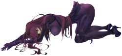 Rule 34 | 1girl, all fours, ass, bodysuit, breasts, covered erect nipples, fate/grand order, fate (series), female focus, full body, gloves, high heels, highres, large breasts, long hair, looking at viewer, pantyhose, purple eyes, purple hair, scathach (fate), scathach (fate), sideboob, simple background, solo, tadamatsu, top-down bottom-up, white background
