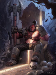 Rule 34 | 1boy, armor, artist name, axe, axe (dota), beard, black hair, brown pants, closed mouth, colored skin, commentary, dota (series), dota 2, english commentary, facial hair, full body, gauntlets, greaves, highres, holding, holding axe, long hair, male focus, muscular, muscular male, no pupils, pants, pauldrons, ponytail, red skin, shoulder armor, single pauldron, sitting, skull, smile, solo, throne, white70, yellow eyes