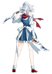 Rule 34 | 1girl, alternate weapon, ankle socks, apron, arm up, blue eyes, blue skirt, blue vest, commentary, expressionless, floating scarf, from behind, full body, glint, highres, inuno rakugaki, izayoi sakuya, juliet sleeves, knife, long sleeves, looking at viewer, looking back, maid headdress, petticoat, puffy sleeves, red footwear, red scarf, scarf, shirt, short hair, silver hair, simple background, skirt, socks, solo, standing, touhou, vest, waist apron, weapon, weapon request, white background, white shirt, white socks, wrist cuffs