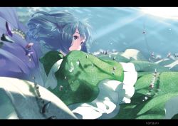 Rule 34 | 1girl, anime coloring, artist name, beads, blue eyes, blue hair, blurry, broken, closed mouth, colored eyelashes, curly hair, depth of field, drill hair, eyelashes, fins, floating hair, floral print, from side, frown, green kimono, hand to own mouth, hands in opposite sleeves, head fins, highres, japanese clothes, jewelry, unworn jewelry, kimono, letterboxed, long sleeves, mermaid, monster girl, namauni, necklace, unworn necklace, pink lips, sad, shards, solo, submerged, sunlight, touhou, underwater, upper body, wakasagihime, wide sleeves