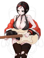 Rule 34 | 1girl, bare shoulders, bikini, black bikini, black hair, black jacket, black nails, breasts, chair, chest tattoo, choker, cleavage, collarbone, crow (nikke), electric guitar, fishnet pantyhose, fishnets, goddess of victory: nikke, green eyes, guitar, highres, instrument, jacket, large breasts, mole, mole under eye, mouth hold, multicolored hair, music, nail polish, off shoulder, oung69, pantyhose, playing instrument, red hair, red jacket, short hair, sitting, solo, streaked hair, swimsuit, tattoo, thighs, torn clothes, torn pantyhose, two-sided fabric, two-sided jacket