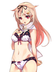 Rule 34 | 10s, 1girl, :o, blonde hair, blush, bow, bow bra, bow panties, bra, breasts, cleavage, hair flaps, hair ornament, hair ribbon, hairclip, kantai collection, lace, lace-trimmed bra, lace-trimmed panties, lace trim, lingerie, long hair, looking at viewer, navel, open mouth, panties, red eyes, ribbon, scarf, shirokitsune, solo, underwear, underwear only, white bra, white panties, yuudachi (kancolle), yuudachi kai ni (kancolle)