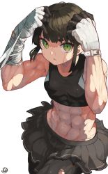 Rule 34 | 1girl, abs, bandaged arm, bandages, bare shoulders, black hair, black pantyhose, breasts, commentary, cowboy shot, crop top, gloves, green eyes, highres, knife, looking at viewer, midriff, miniskirt, muscular, muscular female, navel, original, pantyhose, parted lips, pleated skirt, scar, scar on arm, scar on stomach, short eyebrows, short hair, sidelocks, signature, simple background, skirt, sleeveless, small breasts, solo, sports bra, sweat, symbol-only commentary, toned female, torn clothes, torn pantyhose, white background, yunimaru