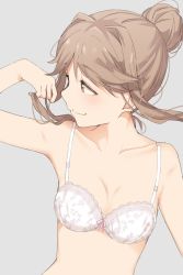 Rule 34 | 1girl, arm up, bare shoulders, blush, bow, bow bra, bra, breasts, brown eyes, cleavage, closed mouth, collarbone, commentary request, floral print, grey background, hair bun, highres, hiroki (yyqw7151), holding, holding hair, idolmaster, idolmaster million live!, light blush, light brown hair, long hair, looking away, looking to the side, medium breasts, pink bow, print bra, sidelocks, simple background, single hair bun, smile, solo, tenkuubashi tomoka, underwear, underwear only, upper body, white bra