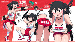 Rule 34 | 1girl, artist name, ass, banknote, black hair, blush, breasts, cleavage, clothes lift, clothes writing, crop top, dollar bill, english text, fallen down, femboy hooters (meme), food, hand on head, high-waist shorts, highres, lucia (scott malin), meme, meme attire, midriff peek, money, outback steakhouse, plate, red shorts, scott malin, shirt lift, shoes, short shorts, shorts, sneakers, socks, sweat, sweatdrop, tagme, thighs, tomboy, tomboy outback