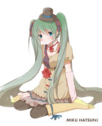 Rule 34 | 1girl, aqua eyes, belt, boots, character name, dress, elbow gloves, full body, gloves, green hair, hair ribbon, hat, hatsune miku, hiro (hirohiro31), knee boots, long hair, mini hat, mini top hat, pantyhose, ribbon, simple background, sitting, solo, top hat, twintails, very long hair, vocaloid, wariza, white background