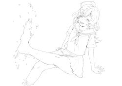 Rule 34 | 1girl, :d, ^ ^, ahoge, arm support, assault lily, bare legs, barefoot, blush, closed eyes, commentary, foot out of frame, greyscale, highres, invisible chair, leaning back, leg up, long hair, lower teeth only, miniskirt, monochrome, neckerchief, open mouth, pleated skirt, sailor collar, sasaki ran, school uniform, serafuku, shirt, short sleeves, simple background, sitting, skirt, smile, soaking feet, soles, solo, splashing, su (sconbuoishi), teeth, water, water drop, wavy hair, white background