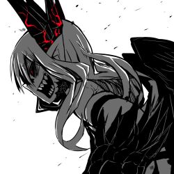 Rule 34 | 1girl, aged down, black horns, black sclera, black wings, colored sclera, commentary request, demon horns, feathered wings, horns, limited palette, long hair, lorem (mazohaha), musuko ga kawaikute shikatanai mazoku no hahaoya, open mouth, pointy ears, red eyes, sharp teeth, teeth, transformation, white background, wings, zyugoya