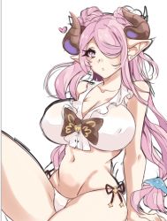 Rule 34 | 1girl, bare legs, bikini, blush, breasts, cleavage, covered erect nipples, draph, earrings, granblue fantasy, groin, hair over one eye, horns, jewelry, large breasts, leg up, long hair, looking at viewer, low tied hair, low twintails, mr-poritan, narmaya (granblue fantasy), navel, pink eyes, pink hair, pointy ears, side-tie swimsuit, sitting, solo, stud earrings, swimsuit, symbol-shaped pupils, twintails, white background, white bikini