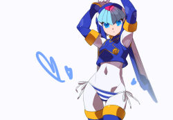 Rule 34 | 1girl, :o, android, armpits, arms up, bikini, blue eyes, blurry, breasts, covered navel, crop top, fairy leviathan (mega man), gloves, heart, helmet, kaidou zx, looking at viewer, mega man (series), mega man zero (series), open mouth, panties, robot, robot girl, side-tie bikini bottom, simple background, small breasts, solo, striped clothes, striped panties, swimsuit, thighhighs, underwear, white background, white gloves