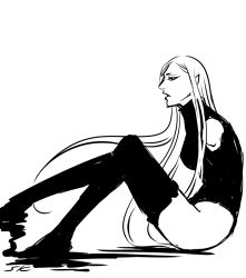 Rule 34 | 1girl, amputee, claymore (series), greyscale, irene, long hair, monochrome, pointy ears, sitting, sketch, solo, tazan, thighhighs, thighs, white background