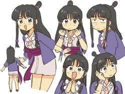 Rule 34 | 1girl, :d, ace attorney, back, black hair, blunt bangs, exasperation, full body, half updo, japanese clothes, jewelry, kimono, long hair, looking at viewer, looking away, maya fey, multiple views, necklace, open mouth, smile, tsubobot, v-shaped eyebrows, white background