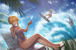 Rule 34 | 2girls, aito, artoria pendragon (fate), artoria pendragon (lancer) (fate), artoria pendragon (swimsuit ruler) (second ascension) (fate), barefoot, beach, bikini, blonde hair, breasts, cocktail glass, couch, cup, drinking glass, fate/grand order, fate (series), feet, hair between eyes, hair ornament, hair scrunchie, hat, highres, large breasts, mordred (fate), mordred (fate) (all), mordred (fate/apocrypha), mordred (swimsuit rider) (fate), mordred (swimsuit rider) (second ascension) (fate), multiple girls, ocean, orange hair, scrunchie, surfboard, surfing, swimsuit, towel, white bikini, yellow eyes